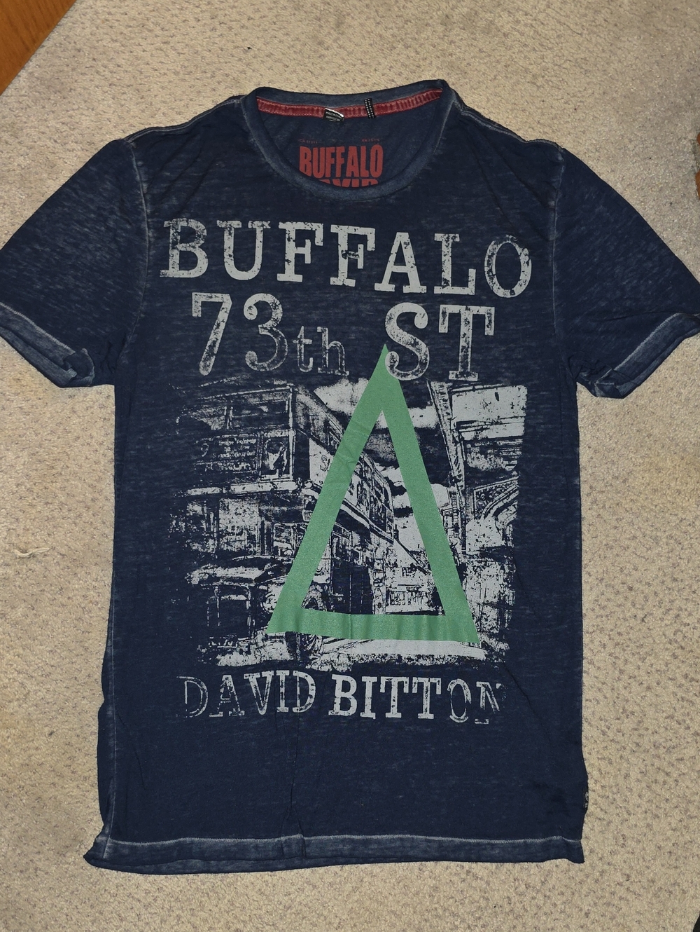2010s Buffalo David Bitton Navy Tee with Green Triangle Graphic and White Print